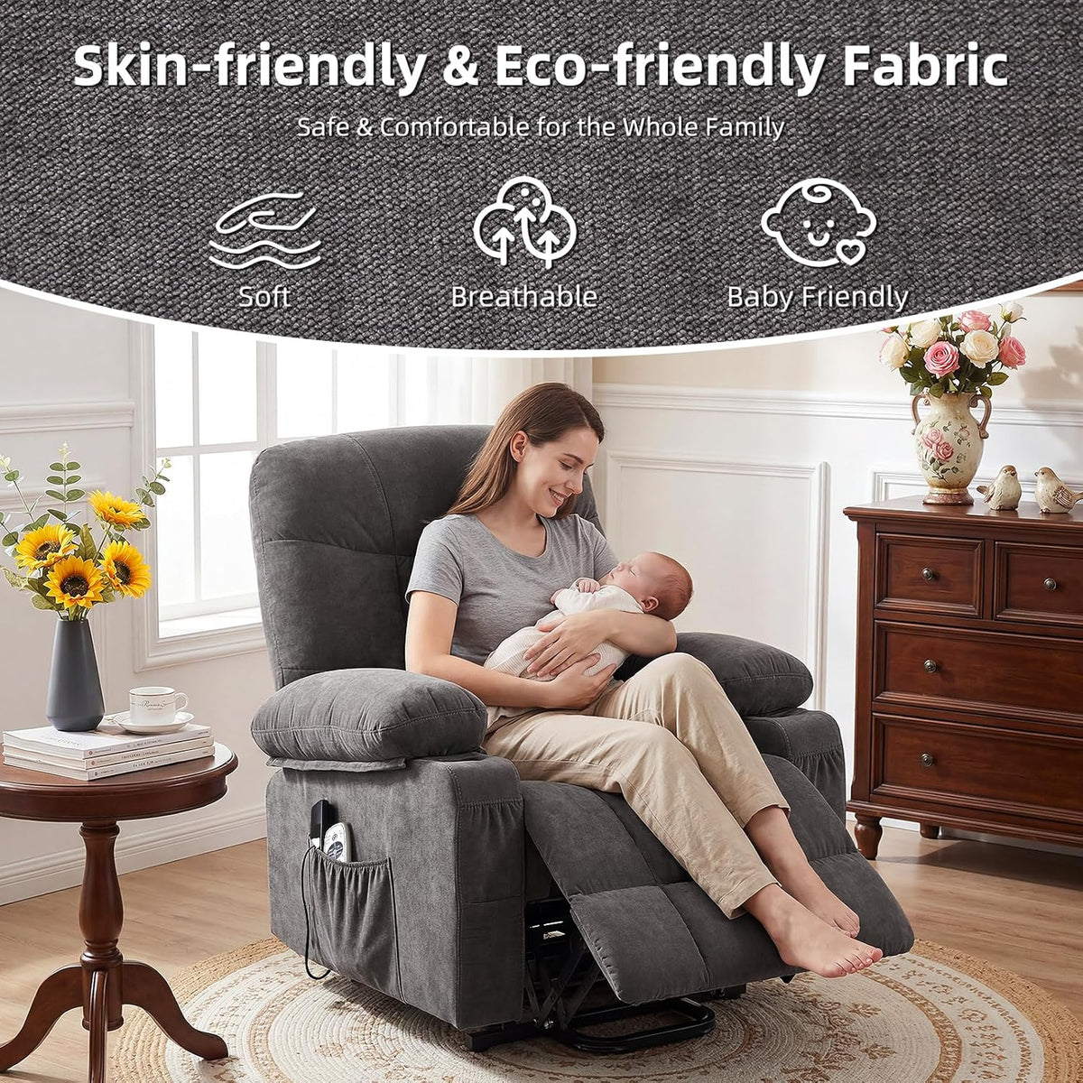 Power Lift Recliner Chair for Elderly,8-Point Vibration Massage & Heat,Electric Lift Chair with Two Cup Holders,4 Side Pockets,Extended Footrest for Living Room