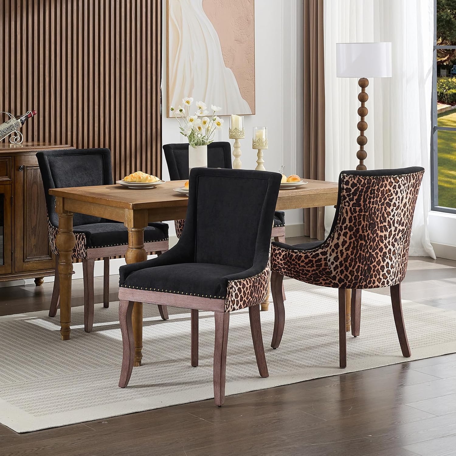 Leopard Upholstered Dining Chairs Set of 6, Animal Print Fabric Kitchen & Dining Room Chairs with Nailhead Trim, Black Leopard Pattern High Back Kitchen Chairs, Solid Wood Legs, Sillas de Comedor