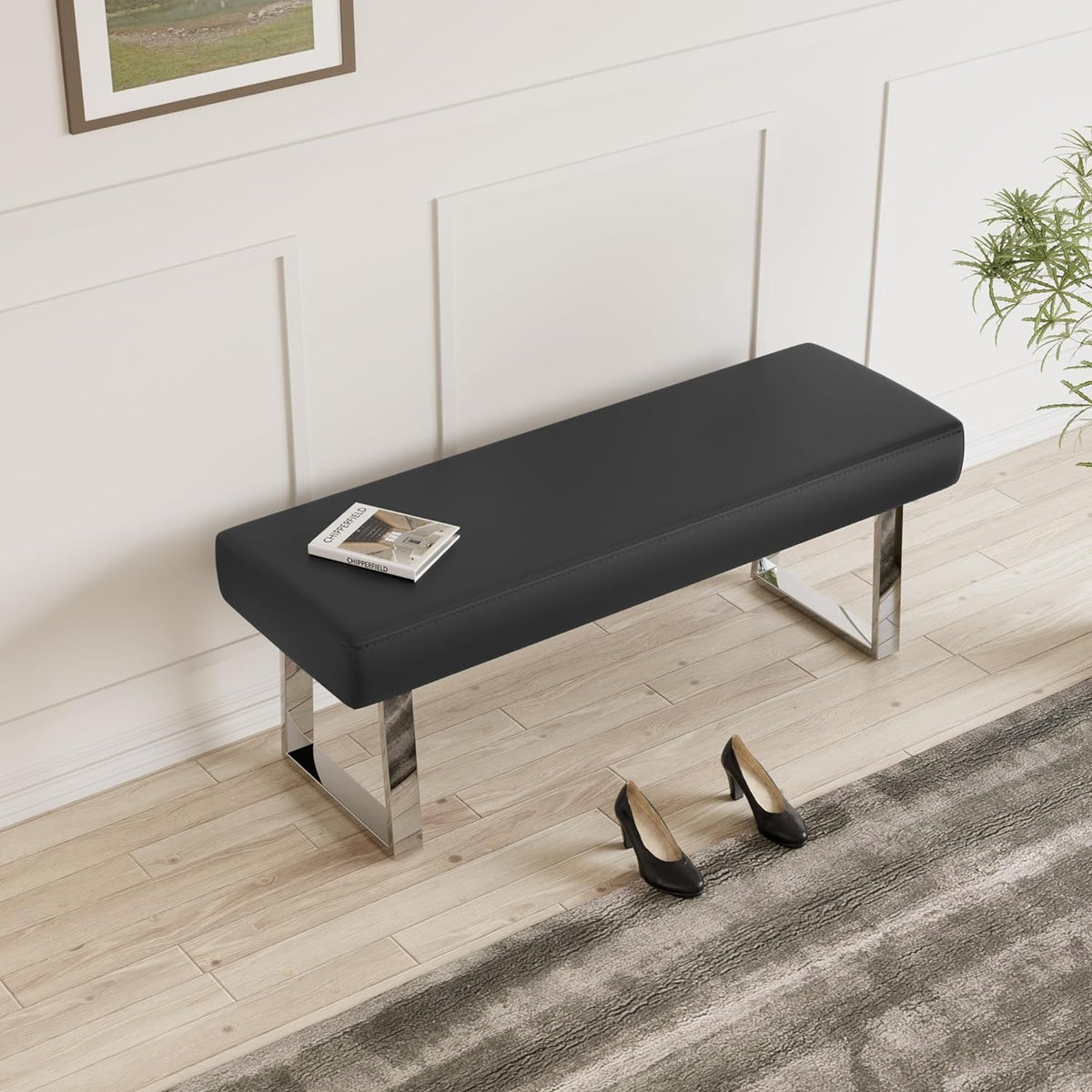 JIEXI 45.3" Indoor PU Leather Upholstered Footstool Bench with Metal Legs | Thick Cushion, Strong Silver Legs, Great for Entryway, Kitchen, Plant Stand, Bedroom Living Room Window