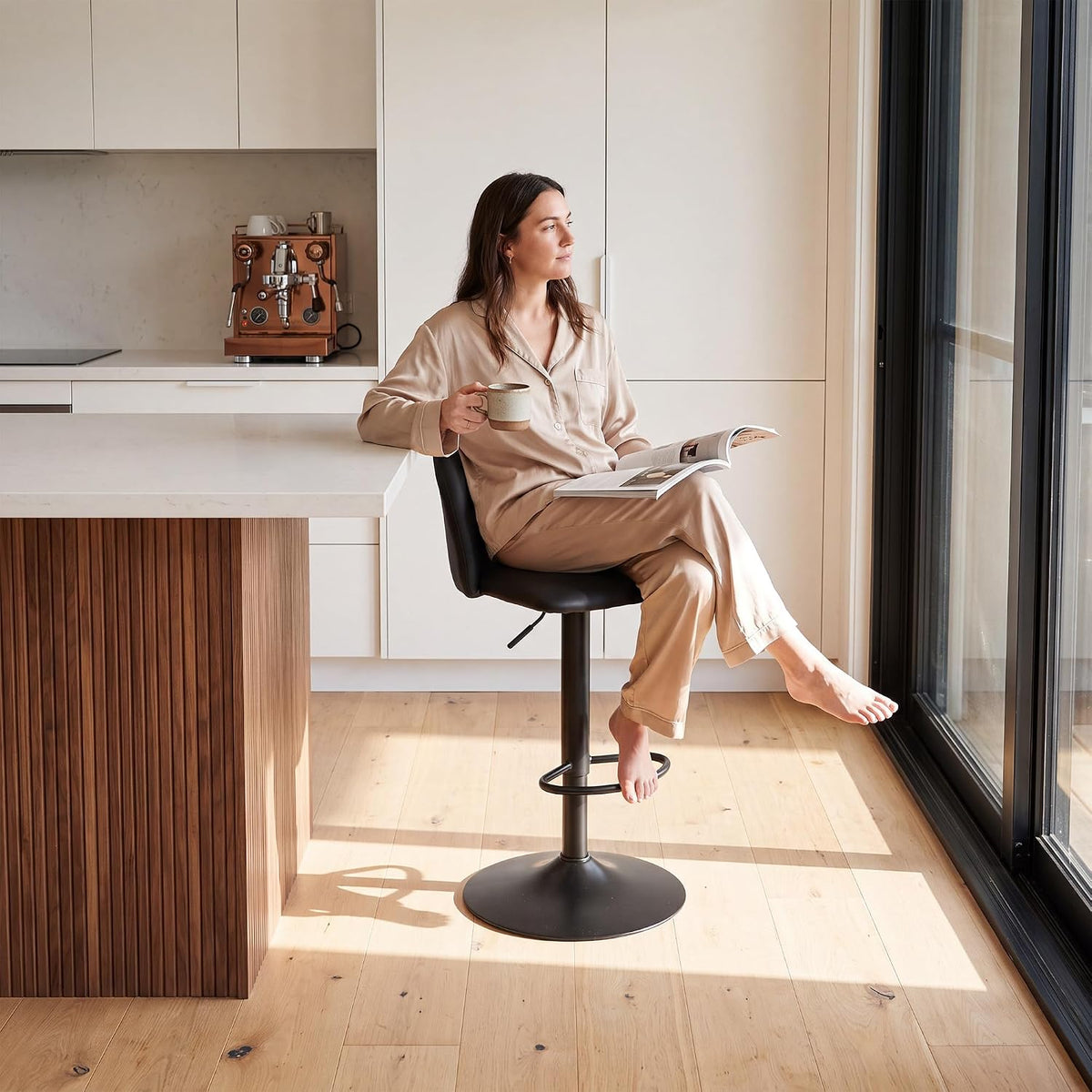 COLAMY MALOL 360° Swivel Bar Stool, Counter Height Chair with Silent Rotation, High-Density Foam Cushion, Solid Wood Frame, Footrest & Anti-Slip Pads for Kitchen Islands and Home Bars (Grey, 30.5")