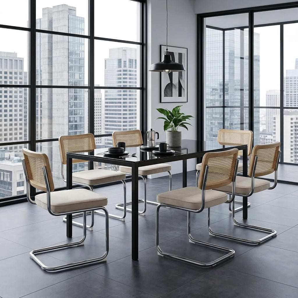 Rattan Dining Chairs Set of 4, Mid-Century Modern Dining Room Chairs with Cane Back, Velvet Upholstered Seat & Chrome Cantilever Frame, Sillas de Comedor, Kitchen & Dining Room Chairs (Beige)