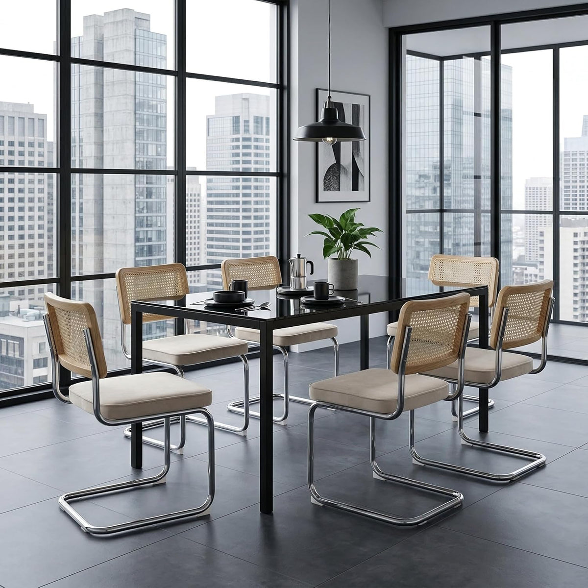 Rattan Dining Chairs Set of 4, Mid-Century Modern Dining Room Chairs with Cane Back, Velvet Upholstered Seat & Chrome Cantilever Frame, Sillas de Comedor, Kitchen & Dining Room Chairs (Beige)