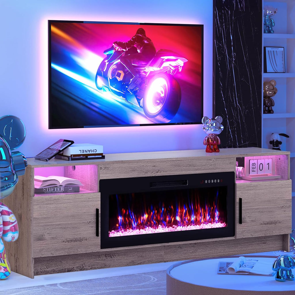 Kucreiheat Electric Fireplace TV Stand with Led Lights-42 Fireplace Entertainment Center for Up to 90 inch TV-Modern TV Console for Living Room with Storage Cabinet, Oak Grey