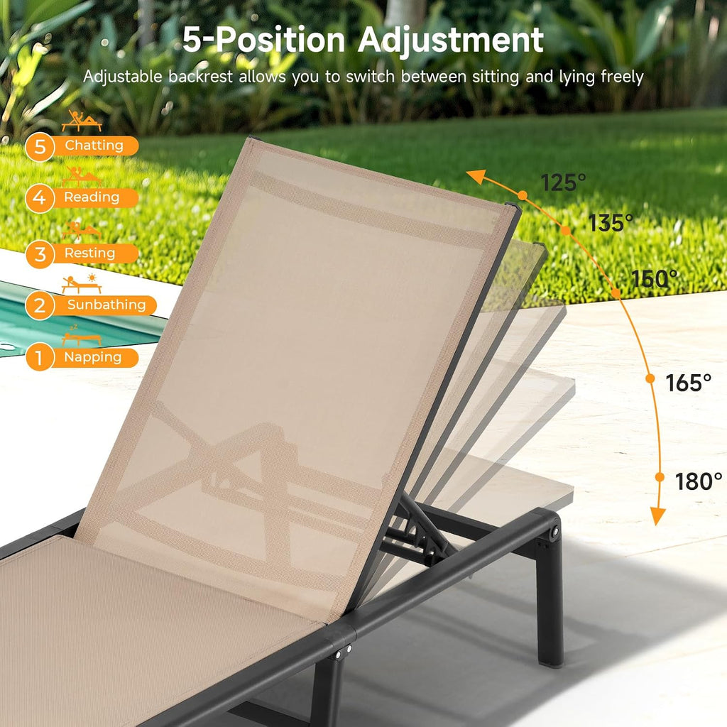 Aluminum Chaise Lounge Chair Outdoor for Outside Poolside, 1PC, Khaki