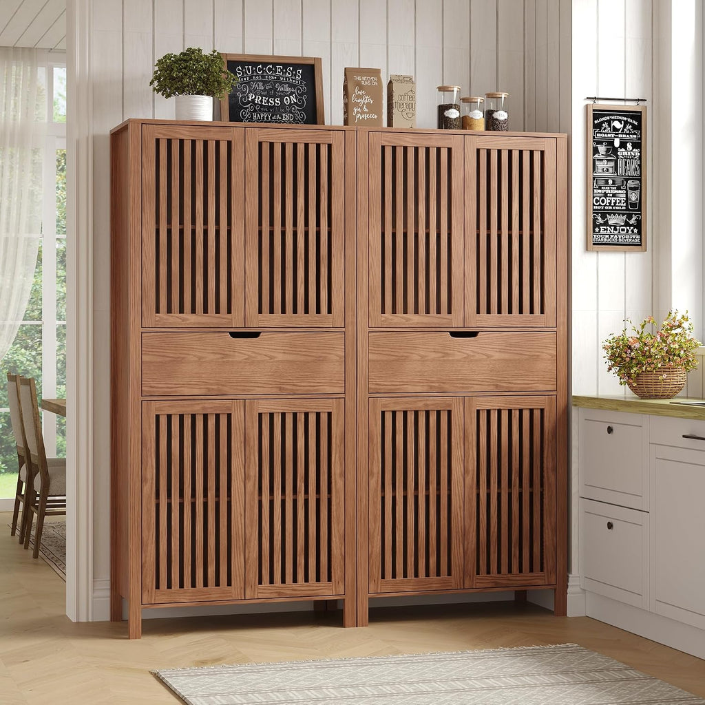 Set of 2 Pantry Cabinet, 69" Tall Freestanding Storage Cabinet with Louvered Doors and 4-Tier Adjustable Shelves, Modern Farmhouse Tall Cupboard with Large Drawers for Kitchen, Living Room, Brown