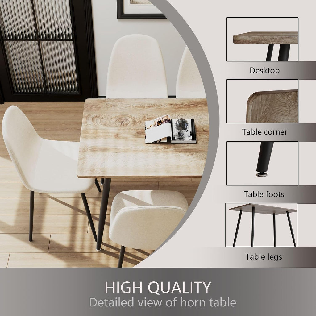 Small Dining Table Set for 4, Modern Kitchen Table Set for 4, 5 Piece Wooden Dining Table Set, 47'' Kitchen Table Set with 4 Fabric Dining Chairs Ideal for Small Spaces
