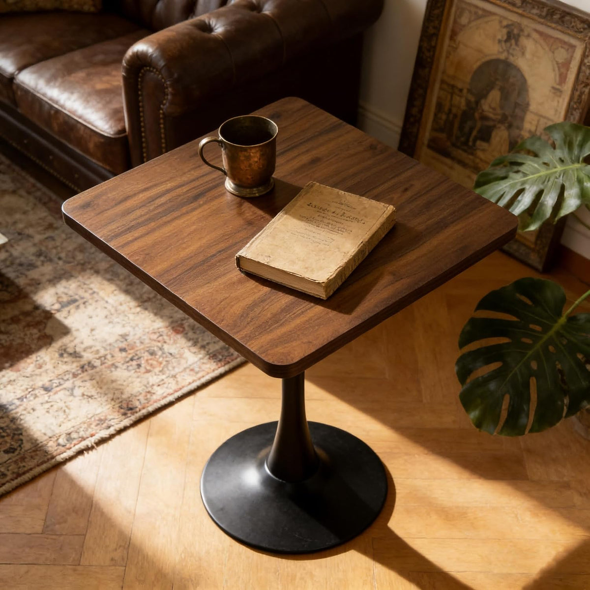 27.6" Tulip Table for 2-3 Persons Walnut Modern Square Dining Tables Mid-Century Leisure Table Thickened Wooden MDF Top Black Metal Base, for Living Room Kitchen (Walnut,27.6")