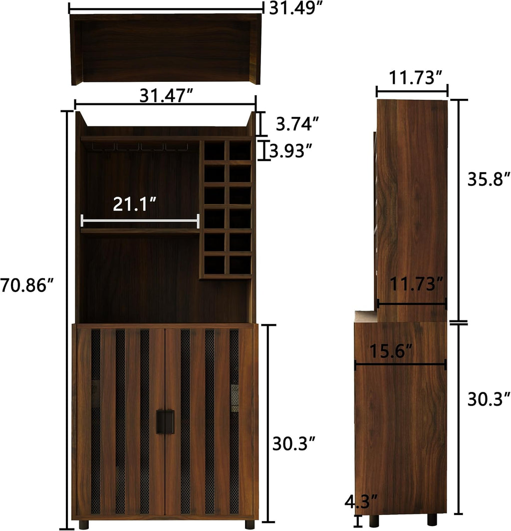 71" Kitchen Pantry Cabinet with 12 Wine Bottle Racks, Kitchen Hutch Food Pantry with Microwave Stand, Storage Cabinet with Doors and Shelves