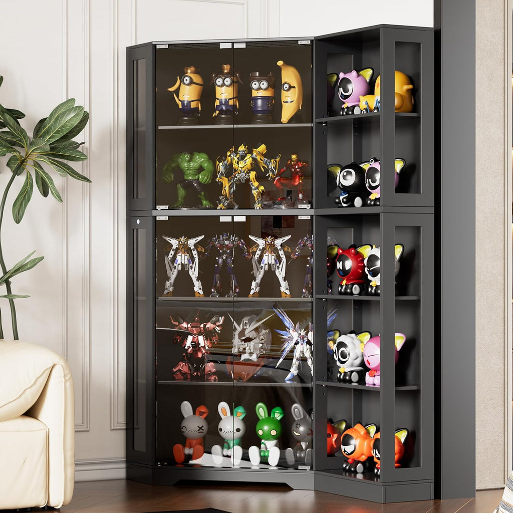 PAKASEPT Corner Display Curio Cabinet with Glass Doors, Glass Display Case with LED Lights for Collectibles,Display Storage Shelves for Living Room,Black