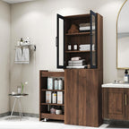 70.9" H Display Storage Cabinet , 4 Tier Multi-functional Pull-out Multi-tier Storage Shelf & 2 Glass Doors, Modern Wooden Kitchen Pantry Cabinet for Living Room or Kitchen and Dinning Room (Walnut)