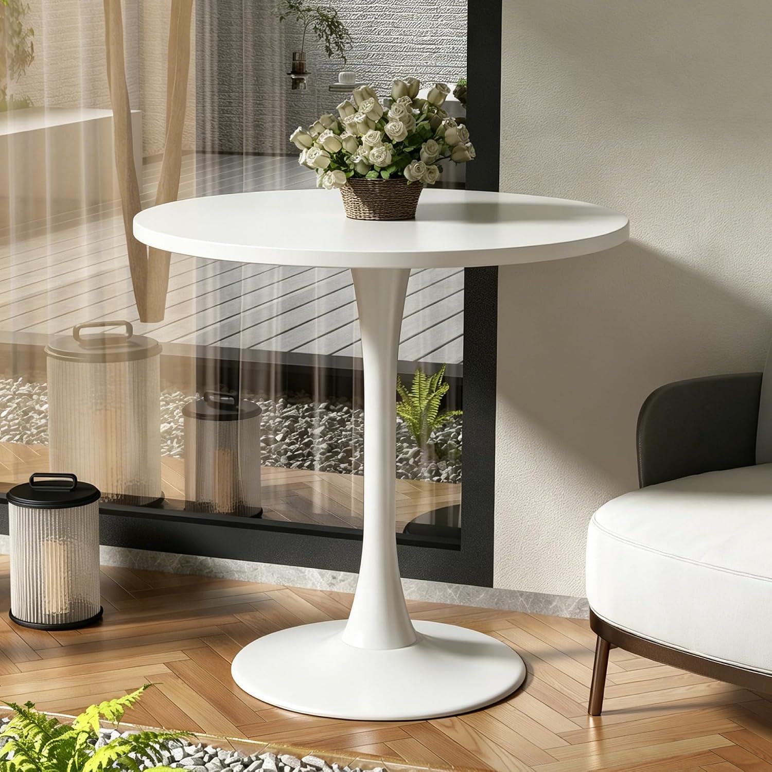 Round Dining Table 30" Circle Tulip Table for 4 People,White | Mid Century Modern Leisure Kitchen Table with Wood Thickened Tabletop Sturdy Metal Pedestal for Small Places Living Room Cafe