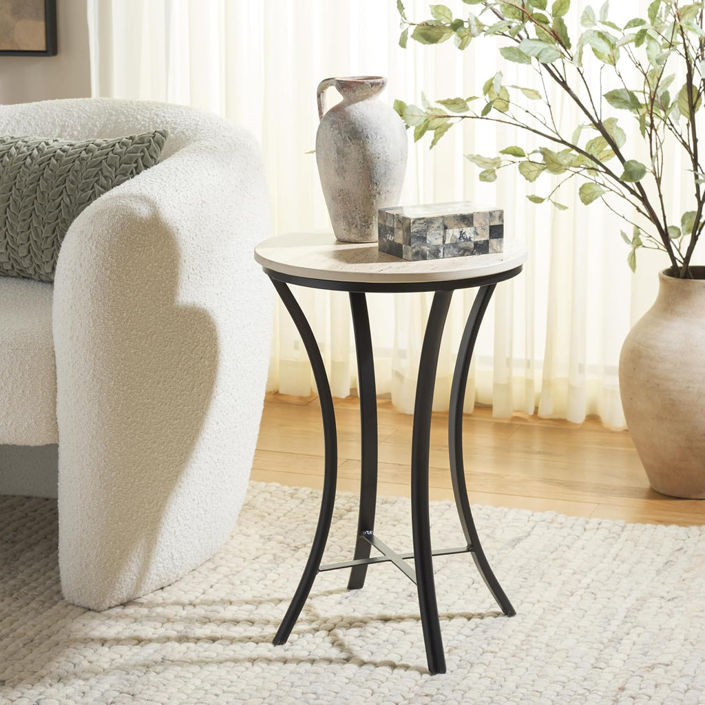 SAFAVIEH Home Collection - Saxony Side Table, Round Beige Travertine Top with Black Metal Legs, Fully Assembled (ACC3731A)