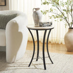 SAFAVIEH Home Collection - Saxony Side Table, Round Beige Travertine Top with Black Metal Legs, Fully Assembled (ACC3731A)