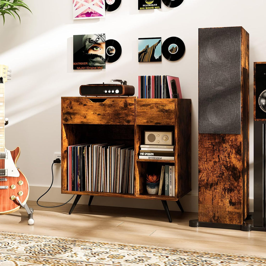 LOKO Record Player Stand with Charging Station, Vinyl Record Holder with Removable Divider, Industrial Turntable Display Stand, Record Storage Table Cabinet for Living Room, Bedroom, Rustic Brown
