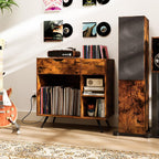 LOKO Record Player Stand with Charging Station, Vinyl Record Holder with Removable Divider, Industrial Turntable Display Stand, Record Storage Table Cabinet for Living Room, Bedroom, Rustic Brown