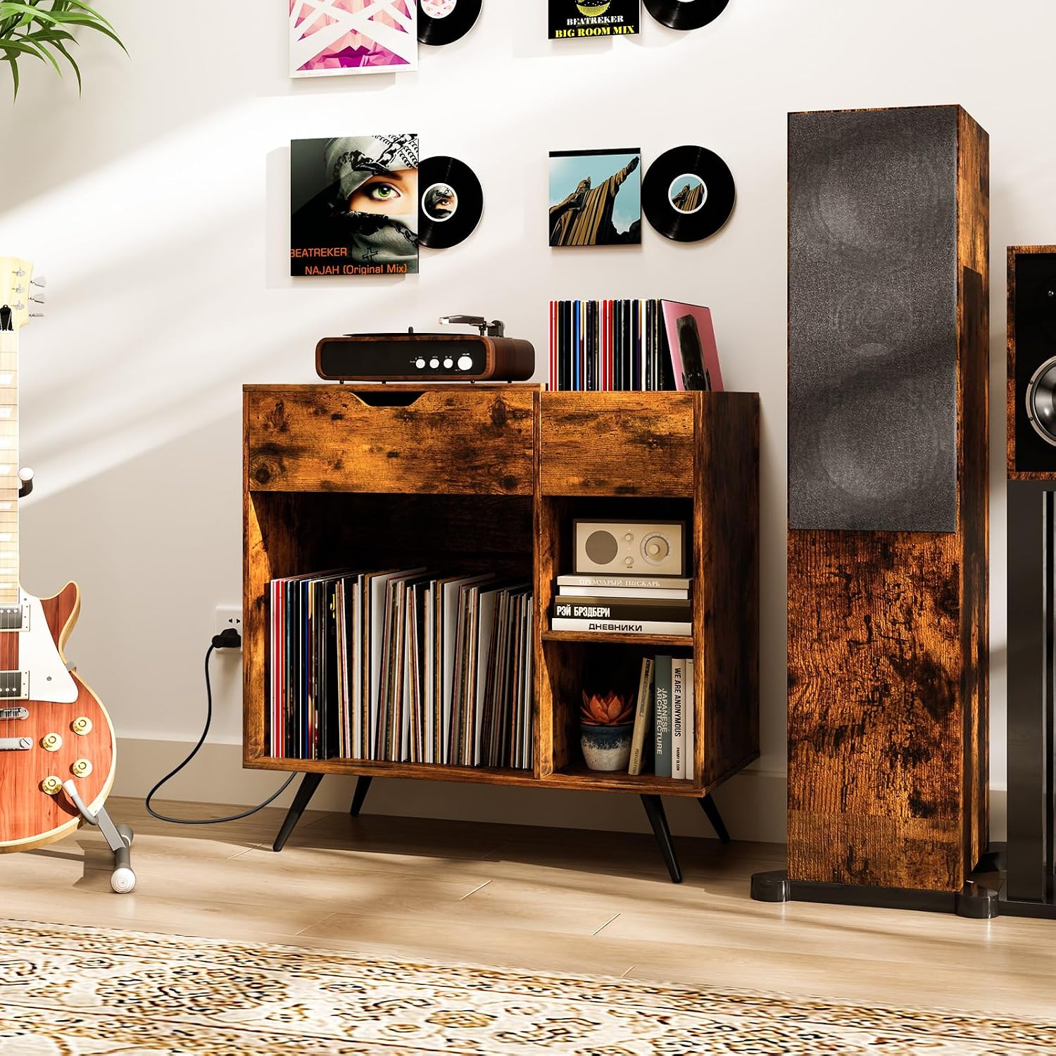 LOKO Record Player Stand with Charging Station, Vinyl Record Holder with Removable Divider, Industrial Turntable Display Stand, Record Storage Table Cabinet for Living Room, Bedroom, Rustic Brown