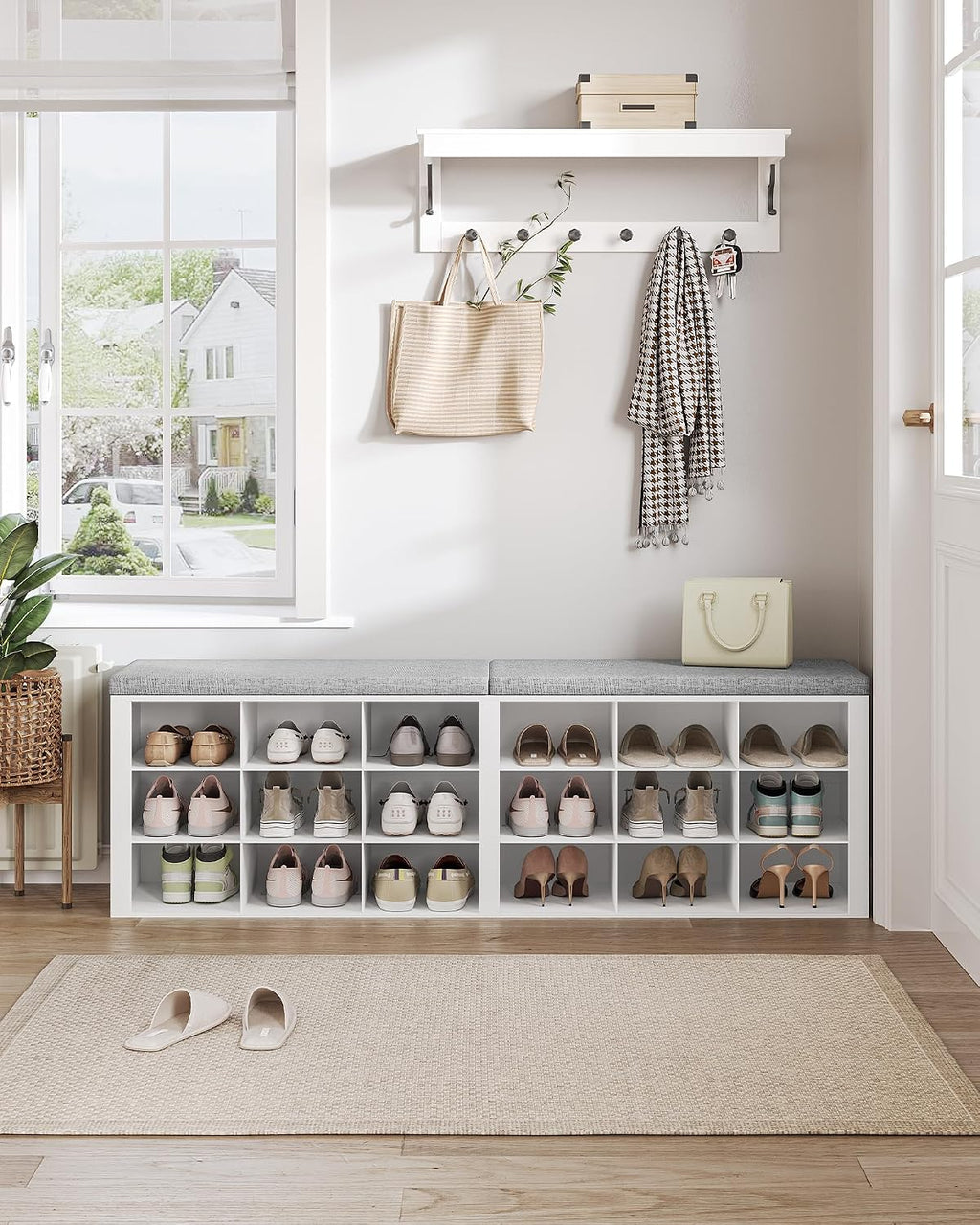 Hzuaneri Shoe Storage Bench with Cushion, Entryway Storage Bench with 18 Cubbies, 9.5" Widened Organizer Cabinet, Long Cubby Rack for Living Room, Bedroom, Entryway, White SB25703GY