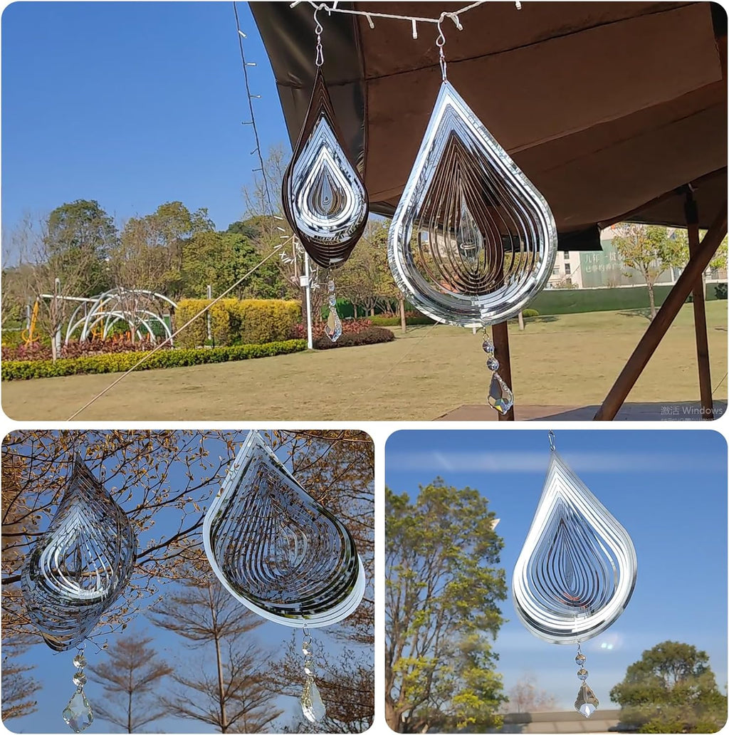 2PCS Wind Spinner 3D Stainless Steel Metal Sculptures Decorations, Water Droplets Wind Sculptures & Spinners, Outdoor Hanging Garden Decoration, Bird Devices Deterrent for Outside to Scare Birds Away