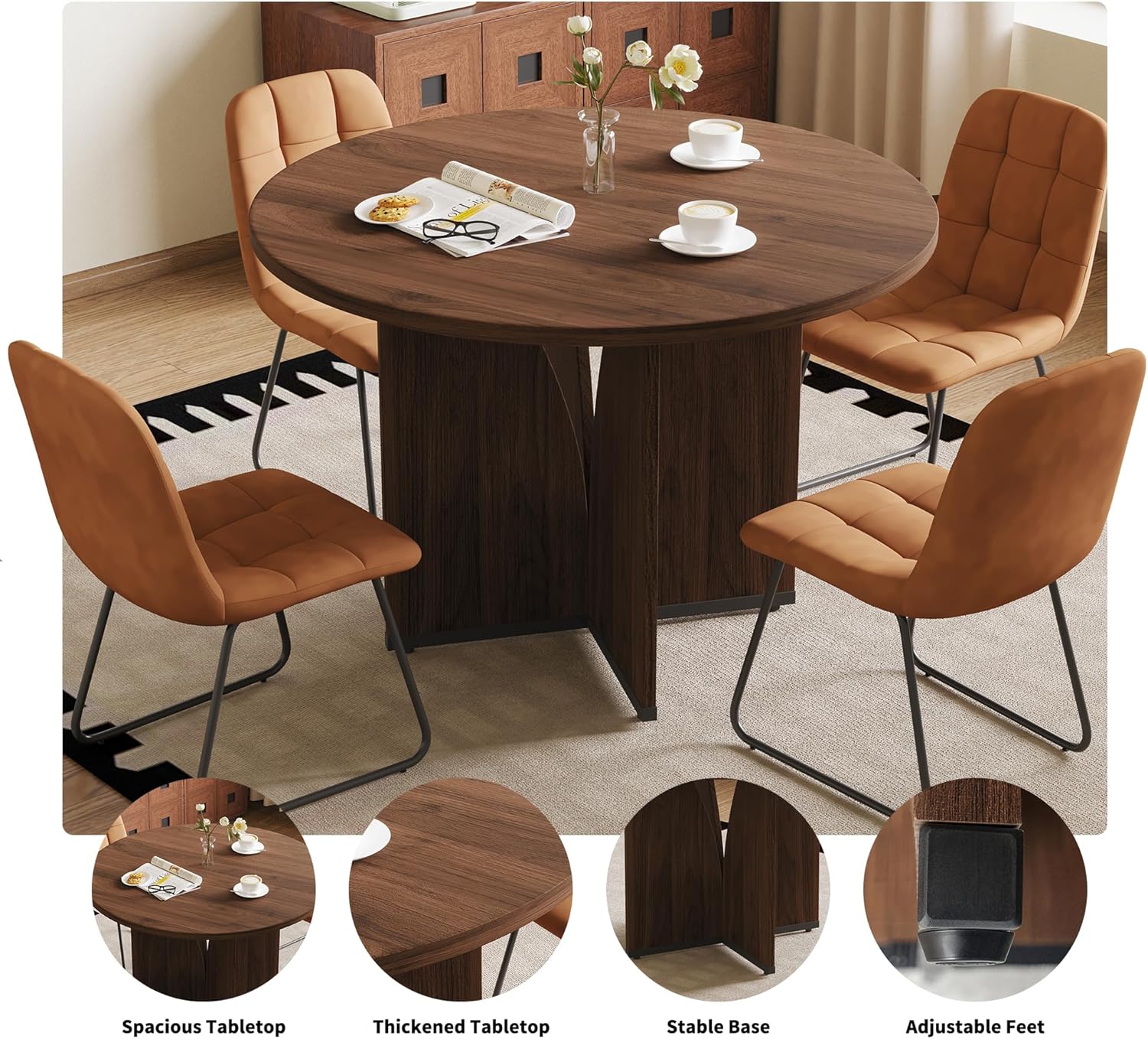 HIPIHOM Modern Round Dining Table Set for 4, 39.4" Walnut Kitchen Table with 4 PU Leather Chairs, 5-Piece Mid-Century Dining Room Set for Small Spaces, Pedestal Base