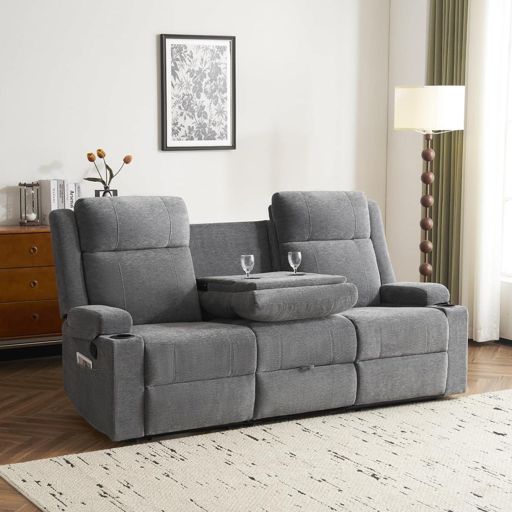 Chenille Reclining Sofa 3-Seater with Convertible Table, Storage Ottoman & Cup Holders | Modern Space-Saving Couch, Ergonomic Living Room Furniture (Gray)
