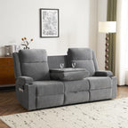 Chenille Reclining Sofa 3-Seater with Convertible Table, Storage Ottoman & Cup Holders | Modern Space-Saving Couch, Ergonomic Living Room Furniture (Gray)