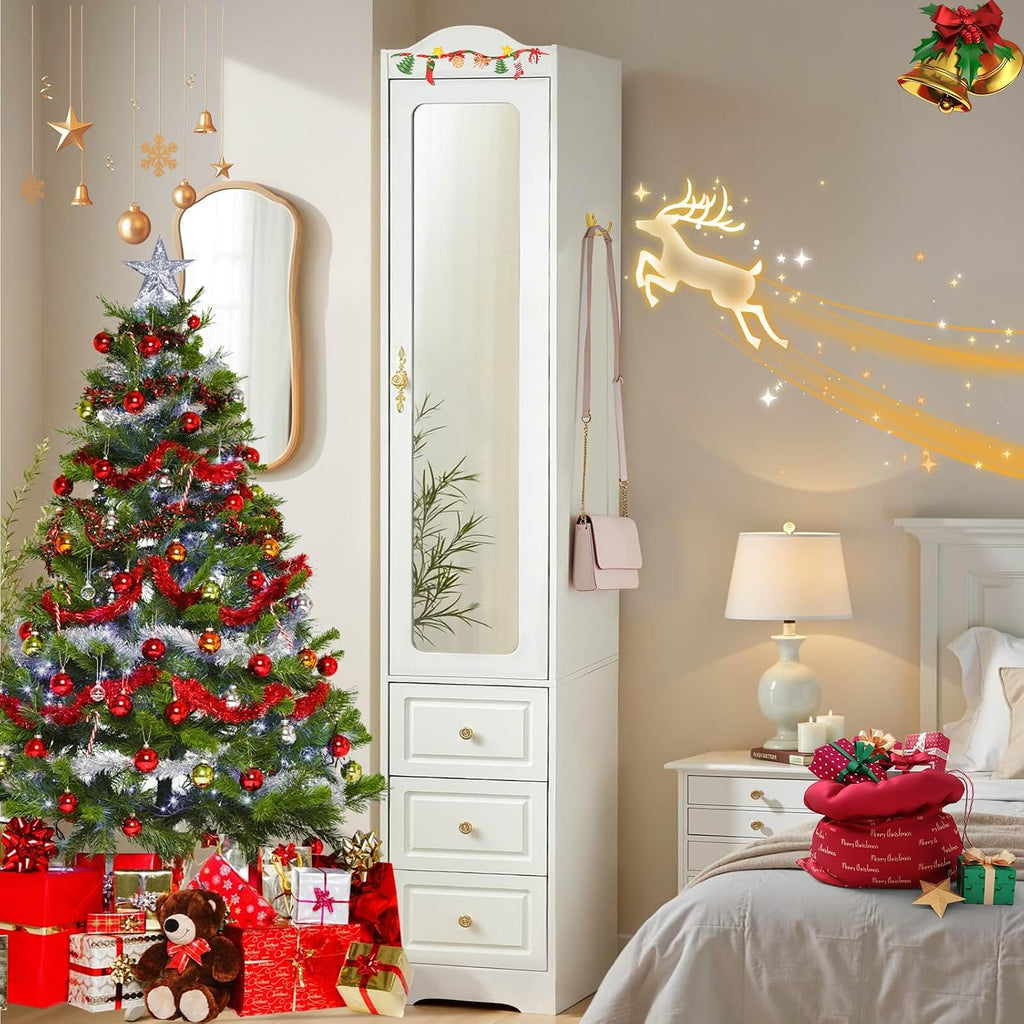 Armoire Wardrobe Closet, White Bedroom Armoires Cabinet with Mirror Door and 3 Drawers, 69.5" H Clothing Storage Cabinet with Hanging Rod & Sensor Light for Bedroom-Right