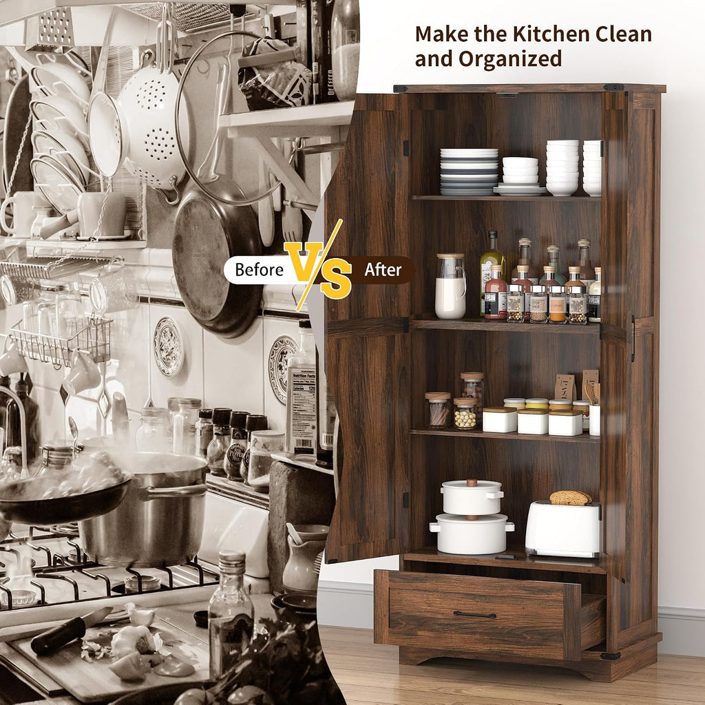 71" Farmhouse Kitchen Pantry Storage Cabinet with Drawer & 2 Barn Doors, Freestanding Cupboard with Adjustable Shelves, Modern Floor Cabinet for Kitchen, Dining Room, Living Room, Bathroom, Brown