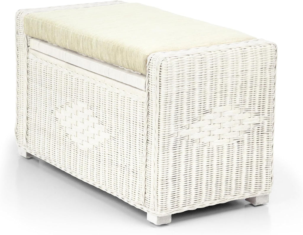 Bruno Handmade 32 Inch Rattan Wicker Chest Storage Trunk Organizer Ottoman W/Cushion White Color