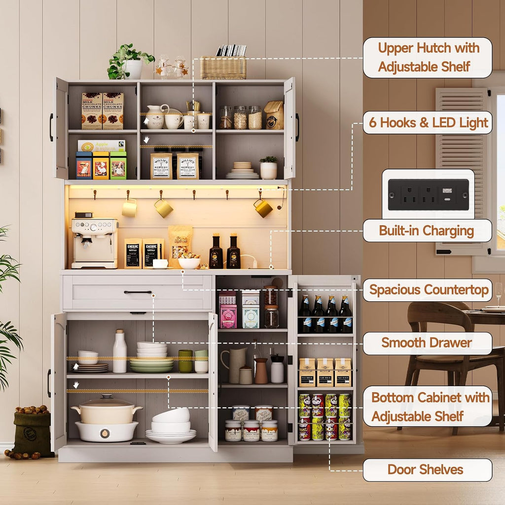 ONBRILL 71" Kitchen Pantry Storage Cabinet with LED Light/Outlet, Off-White | Pantry Cabinet, Kitchen Hutch with Microwave Shelf & 6 Hooks, Door Shelves & Drawer & Adjustable Shelves, for Dining Room