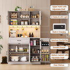 ONBRILL 71" Kitchen Pantry Storage Cabinet with LED Light/Outlet, Off-White | Pantry Cabinet, Kitchen Hutch with Microwave Shelf & 6 Hooks, Door Shelves & Drawer & Adjustable Shelves, for Dining Room