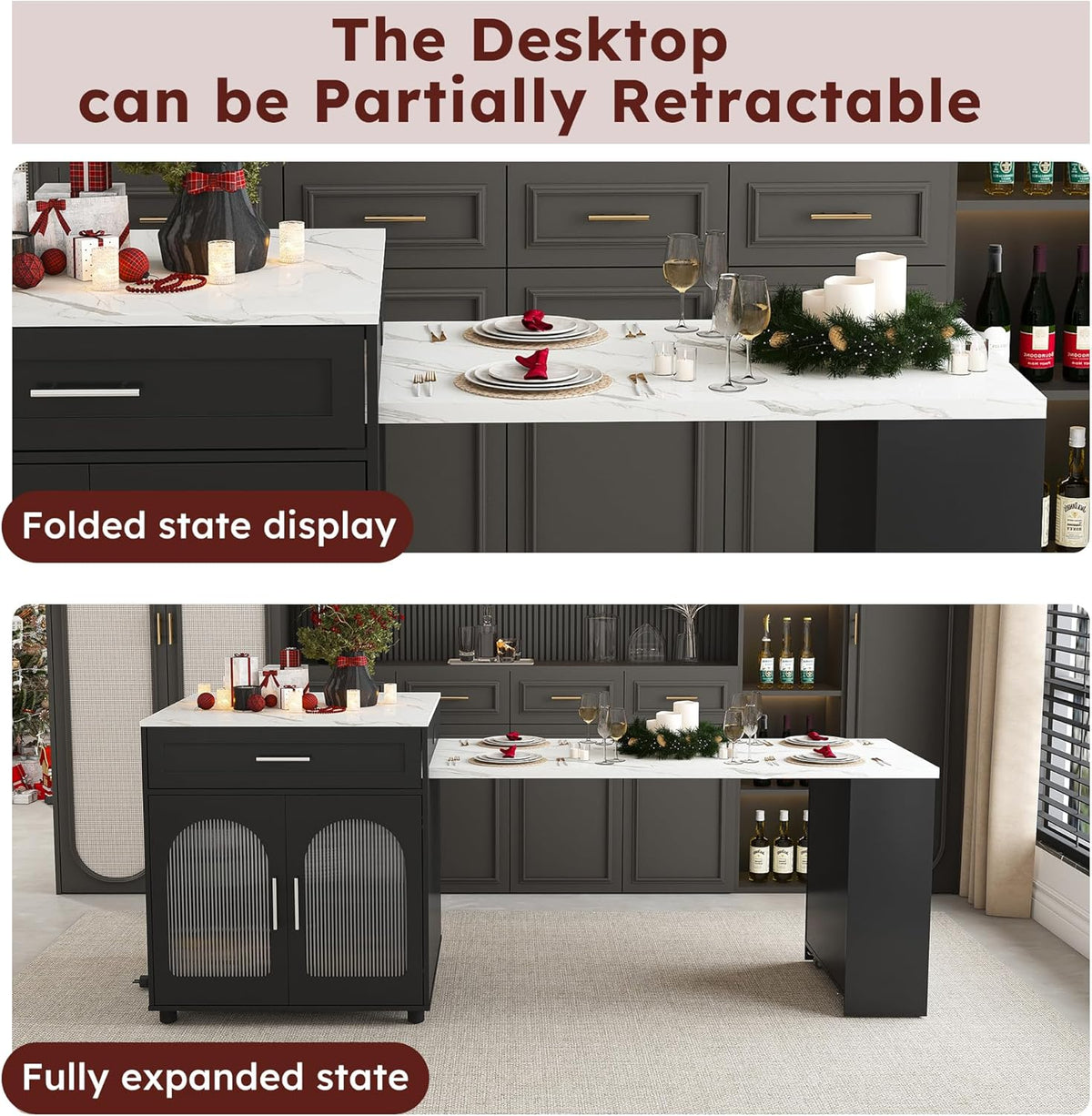 80-inch Expandable Kitchen Island with Dining Table, Marble-Grain Countertop with Power Outlet, Mobile Storage Cart with Cabinet & 2 Drawers, Kitchen Prep Table(Black, 80.7)