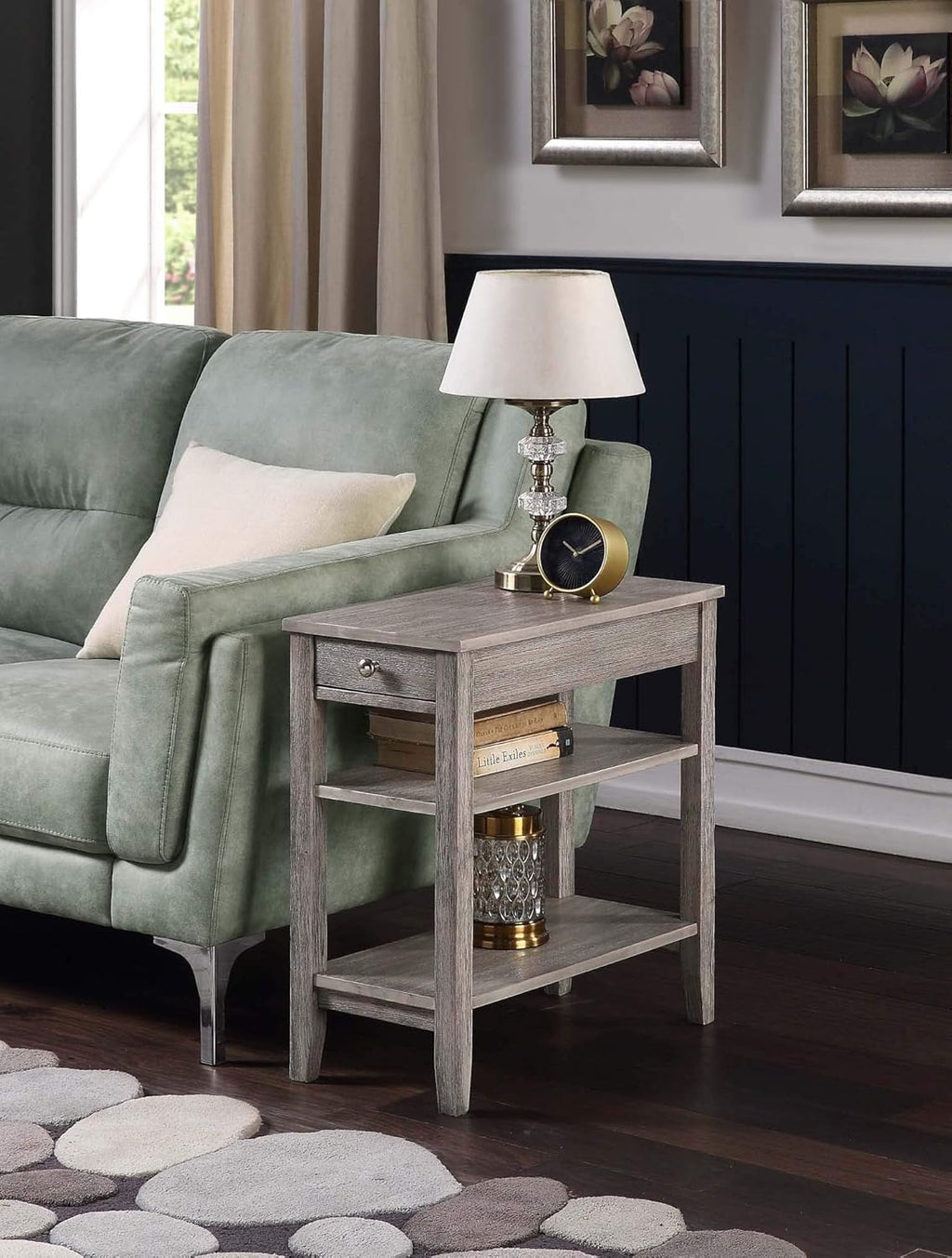 Pemberly Row Three Tier End Table with Drawer, Gray Wood Finish, 23.5 x 11.25 x 24 in, Hidden Storage, Middle and Bottom Shelf, Durable Accent Table for Living Room or Bedroom Decor