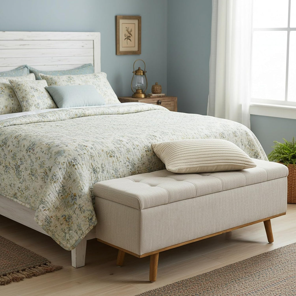 Storage Ottoman Bench, 45" End of Bed Bench, Beige | Hidden Storage Space, Linen Upholstery, Padded Cushion Top, Solid Wood Legs, 350 LBS Weight Capacity