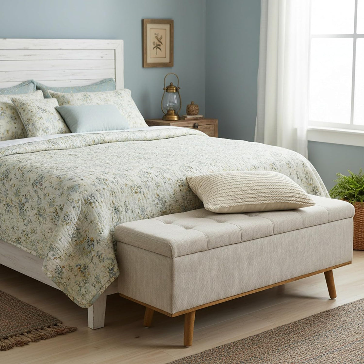 Storage Ottoman Bench, 45" End of Bed Bench, Beige | Hidden Storage Space, Linen Upholstery, Padded Cushion Top, Solid Wood Legs, 350 LBS Weight Capacity