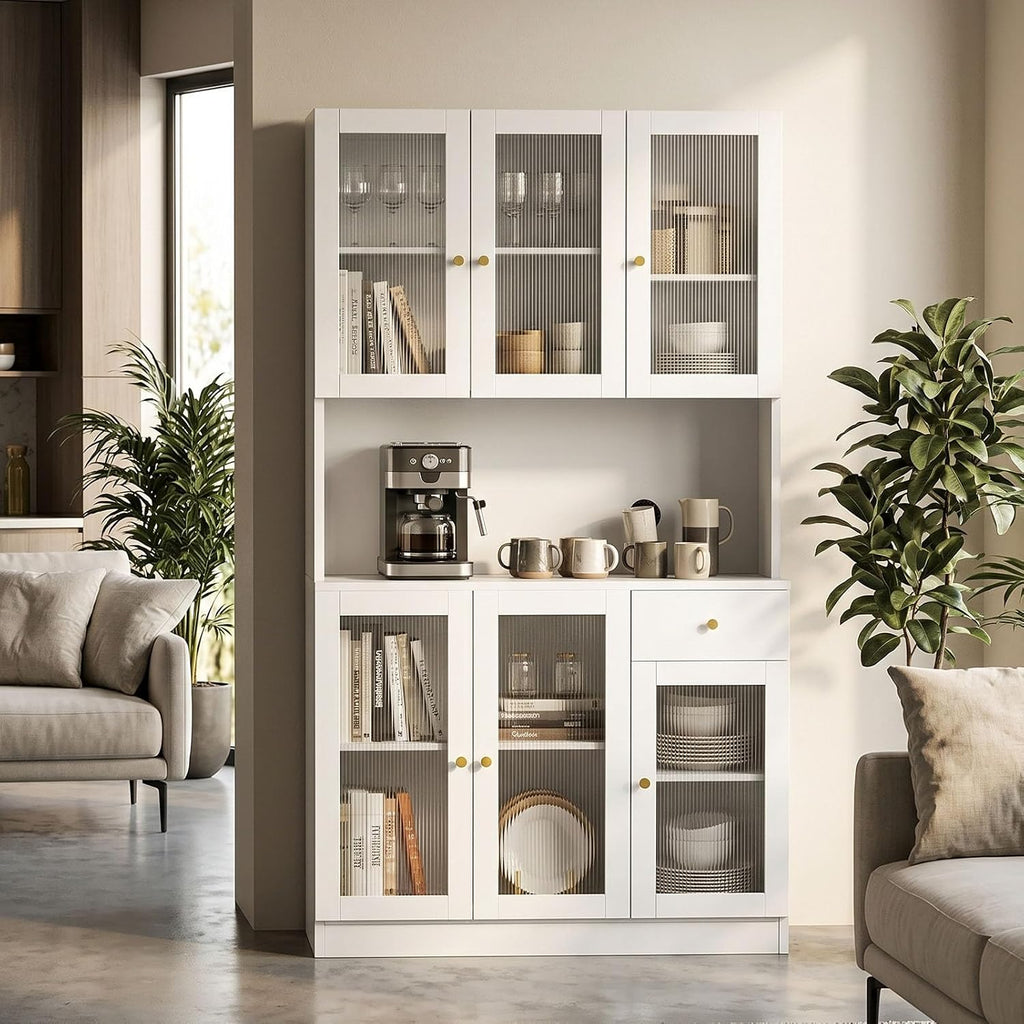 71" Kitchen Pantry Cabinet with Storage, Tall Kitchen Pantry Cabinet with Countertop Soft Close Glass Doors, Tall Kitchen Hutch Cabinet with Drawer & Adjustble Shelves for Kitchen White
