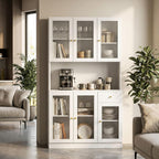 71" Kitchen Pantry Cabinet with Storage, Tall Kitchen Pantry Cabinet with Countertop Soft Close Glass Doors, Tall Kitchen Hutch Cabinet with Drawer & Adjustble Shelves for Kitchen White