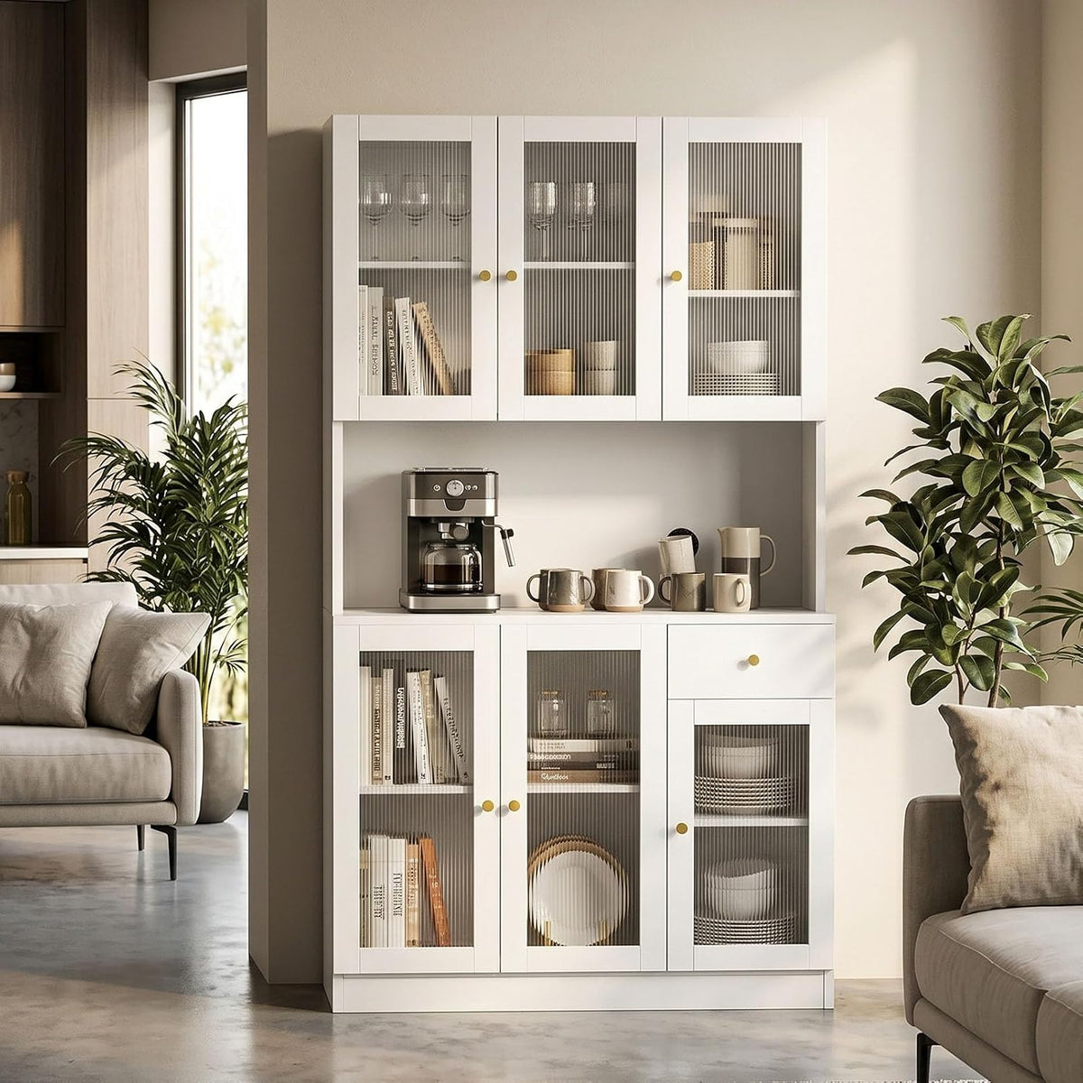 71" Kitchen Pantry Cabinet with Storage, Tall Kitchen Pantry Cabinet with Countertop Soft Close Glass Doors, Tall Kitchen Hutch Cabinet with Drawer & Adjustble Shelves for Kitchen White