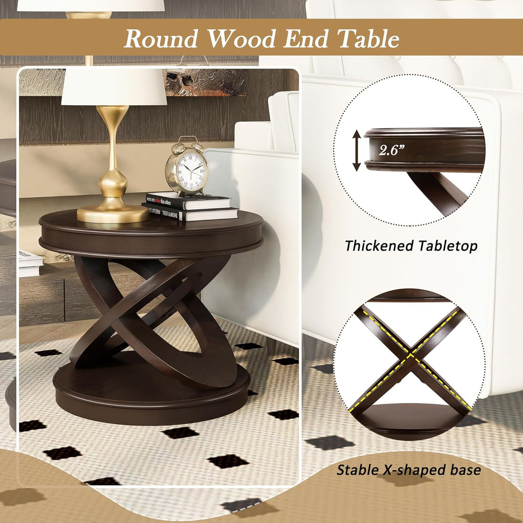 Retro Round Wooden End Table, Sofa Side Table with X-Shape Base for Living Room