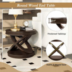Retro Round Wooden End Table, Sofa Side Table with X-Shape Base for Living Room