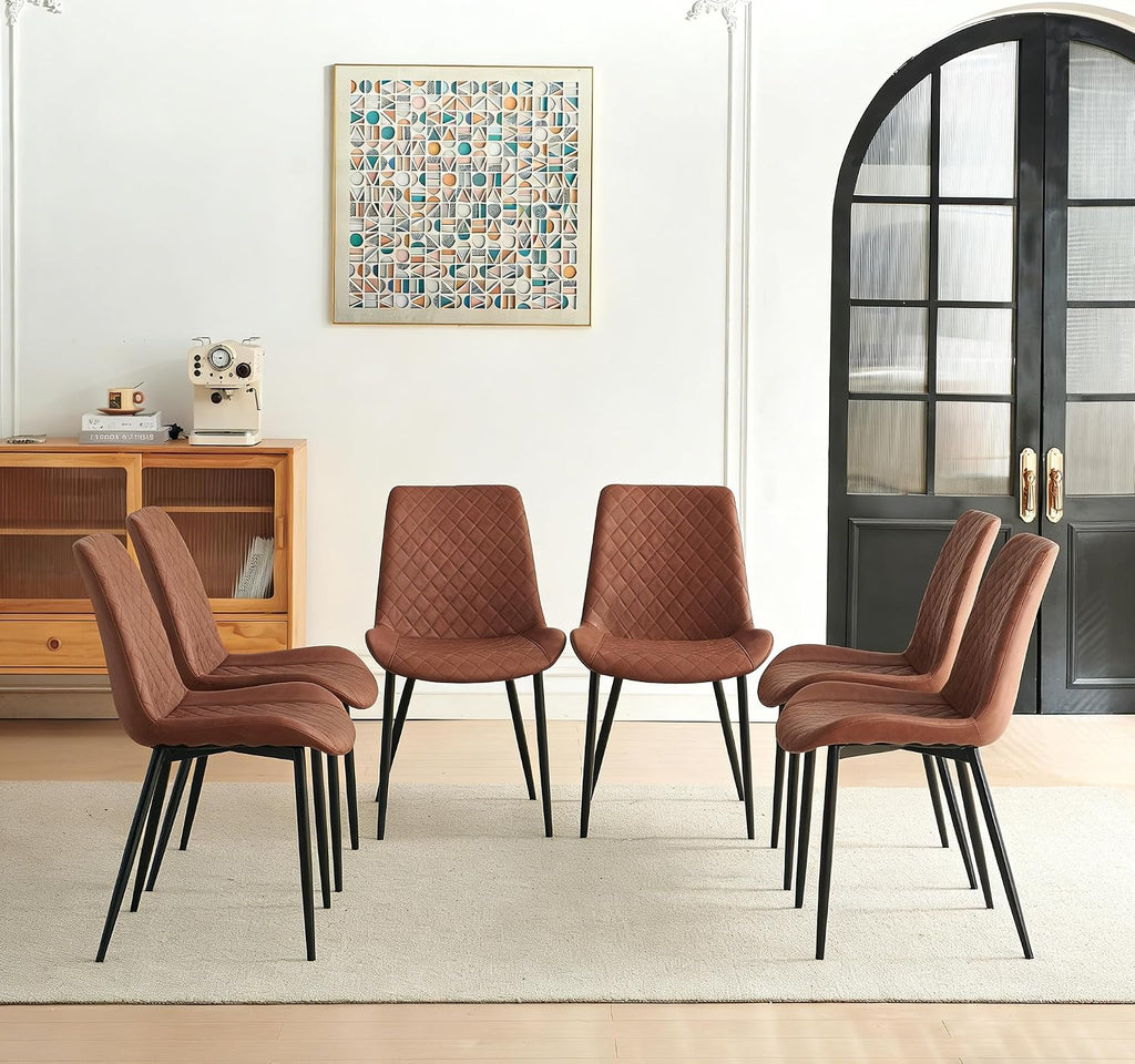 PU Leather Dining Chairs Set of 6, Modern Armless Dining Room Chairs, Comfy Upholstered Kitchen Chairs with Backrest, Black Metal Legs for Living Room, Dinning Room, Brown