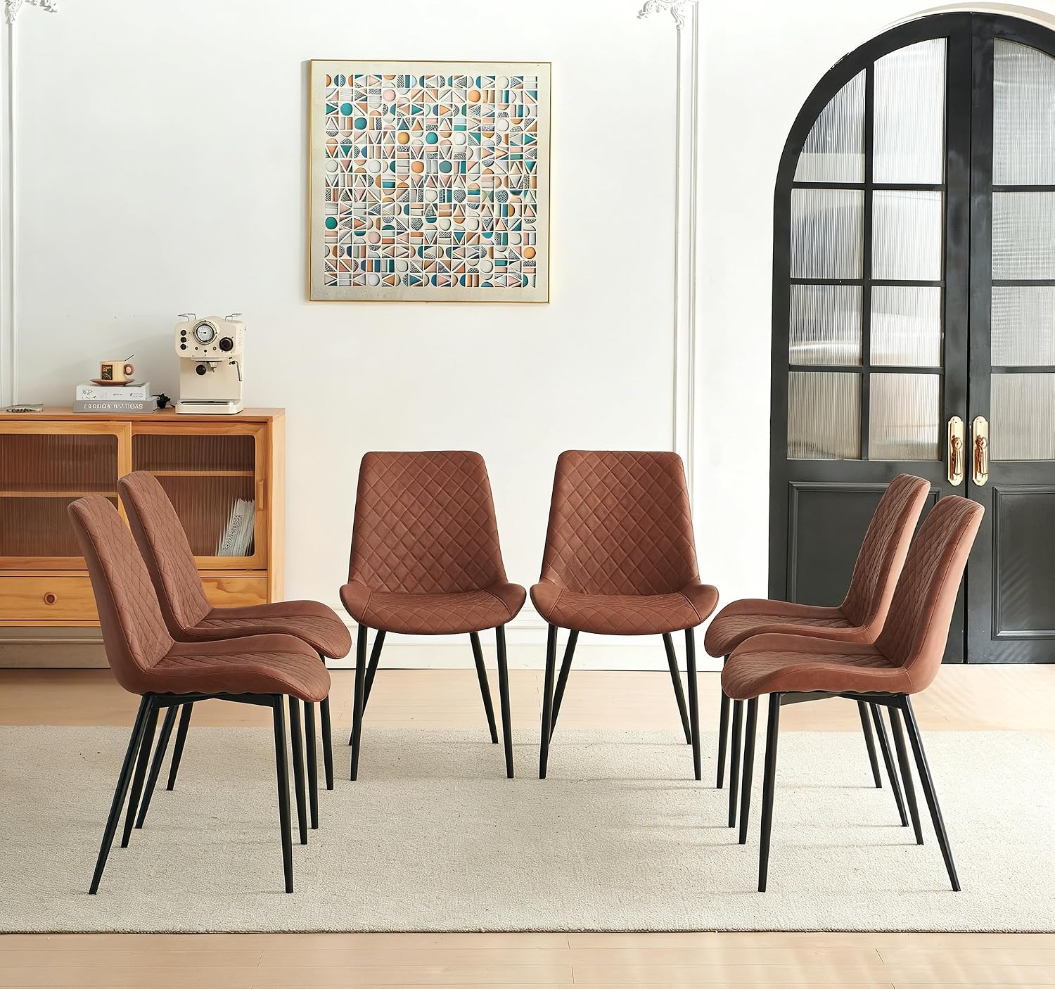 PU Leather Dining Chairs Set of 6, Modern Armless Dining Room Chairs, Comfy Upholstered Kitchen Chairs with Backrest, Black Metal Legs for Living Room, Dinning Room, Brown