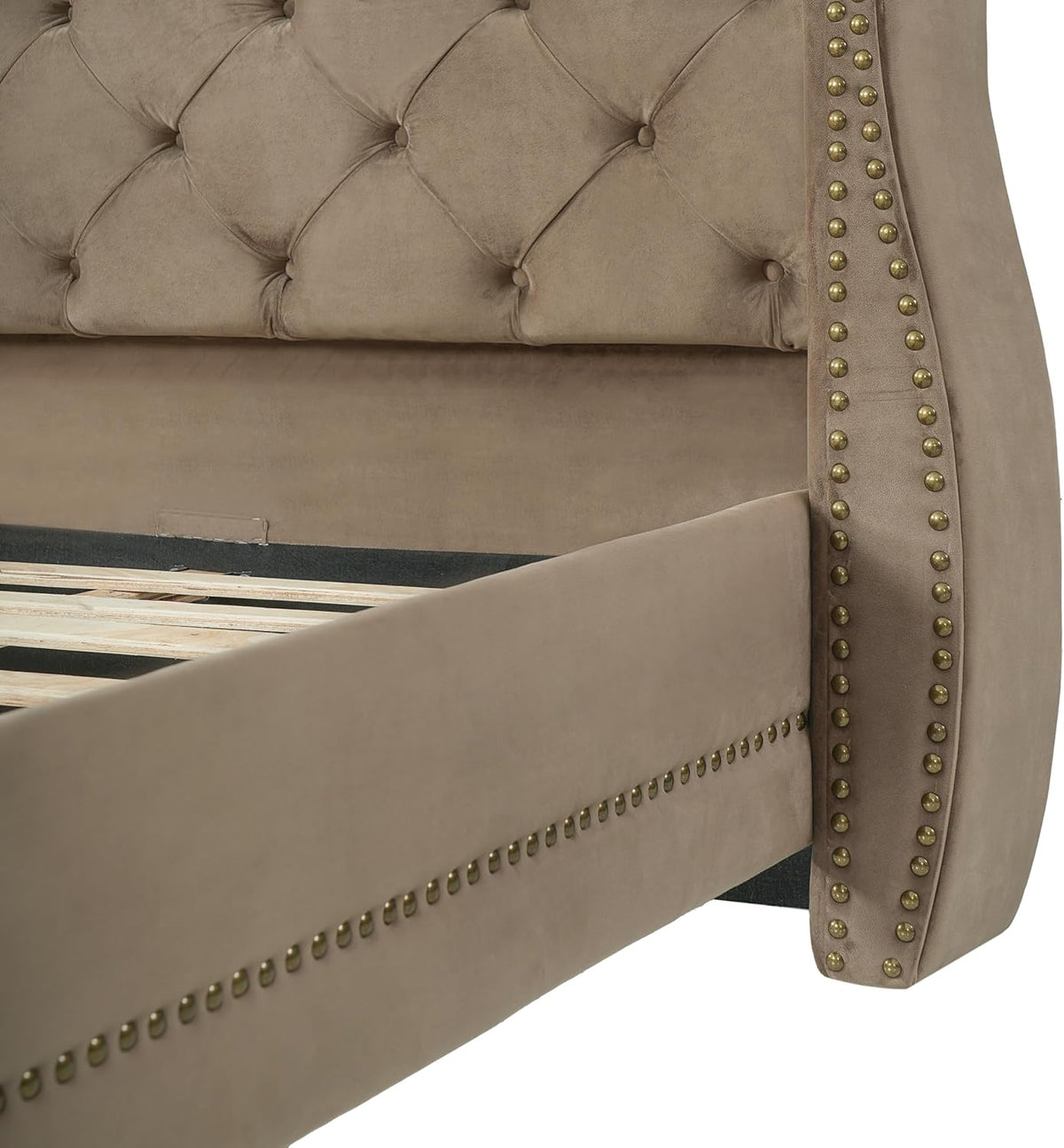 Merax Brown King Size Velvet Upholstered Bed Frame with Thick Tufted Wingback Headboard, Retro Classic Style Platform Bed with Sturdy Wood Slatted Support and Legs, No Box Spring Needed, Bear 700lbs