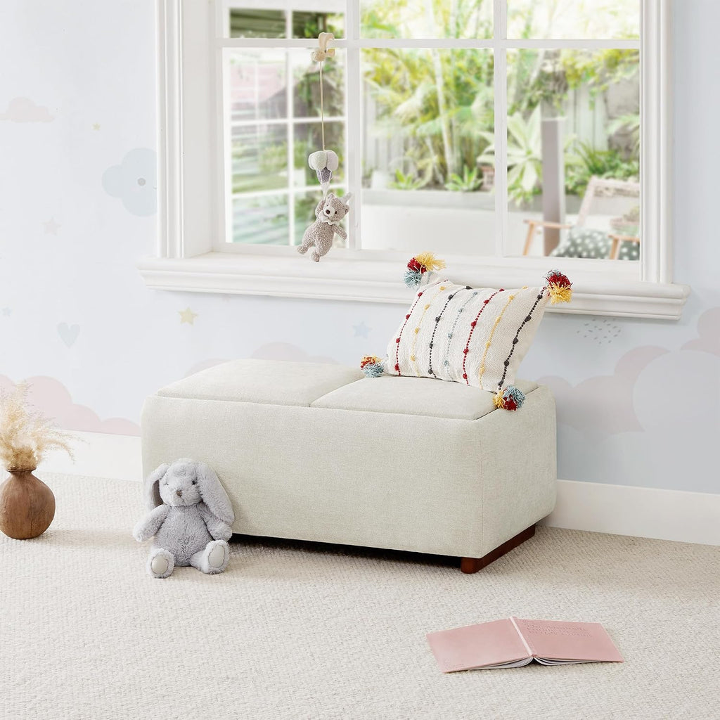 CHITA Storage Ottoman with Tray Lids, FSC Certified Small Rectangular Bench for Living Room, Bedroom, Fabric in Linen