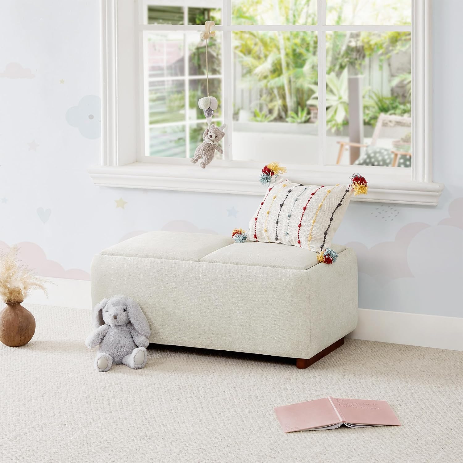 CHITA Storage Ottoman with Tray Lids, FSC Certified Small Rectangular Bench for Living Room, Bedroom, Fabric in Linen