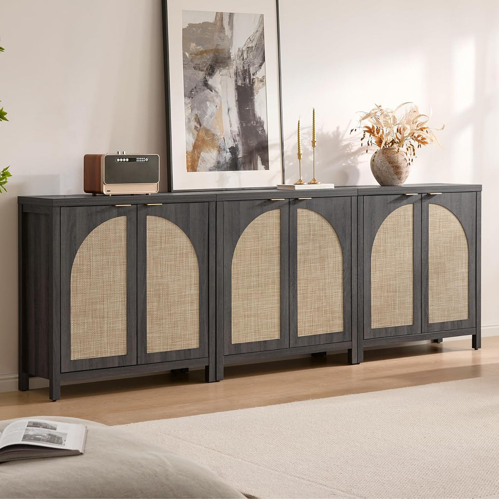 SICOTAS 68" W Rattan Sideboard Buffet Cabinet with Storage Set of 2, Modern Credenza with Arch Doors & Shelves, Boho Coffee Bar Media Console Cabinets for Kitchen, Living Room, Entryway, Black Oak