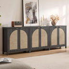 SICOTAS 68" W Rattan Sideboard Buffet Cabinet with Storage Set of 2, Modern Credenza with Arch Doors & Shelves, Boho Coffee Bar Media Console Cabinets for Kitchen, Living Room, Entryway, Black Oak