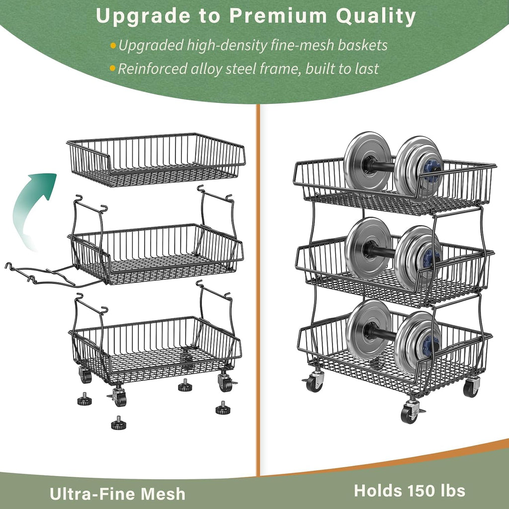 OKZEST Pantry Organizers and Storage Cart with Upgraded Metal Hub Casters | Fits under pantry shelf, stackable fine-mesh wire baskets, 3-tier rolling cart holds drink, snack, can, potato, onion, fruit