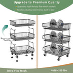 OKZEST Pantry Organizers and Storage Cart with Upgraded Metal Hub Casters | Fits under pantry shelf, stackable fine-mesh wire baskets, 3-tier rolling cart holds drink, snack, can, potato, onion, fruit