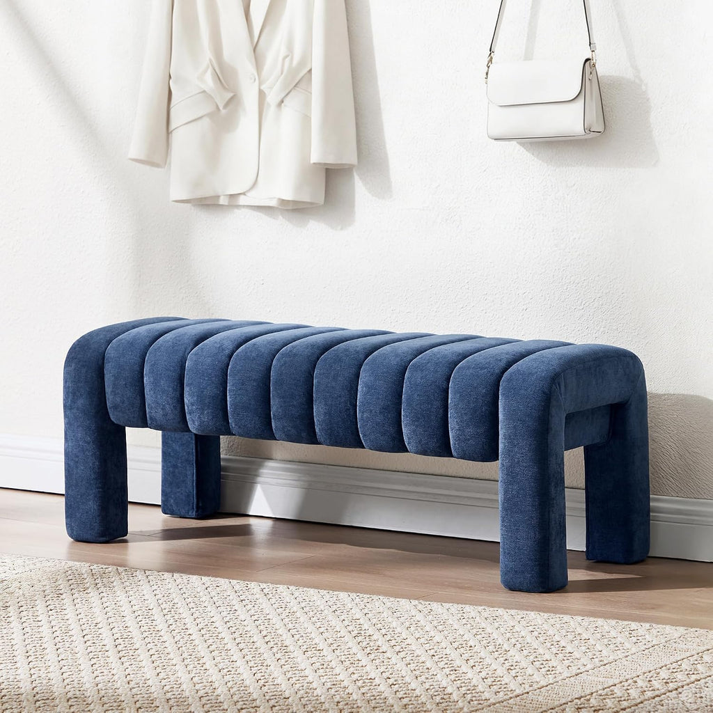 43’’ Bedroom Bench, Upholstered End of Bed Bench with Solid Wood Legs, Modern Small Dining Bench with Full Covered Fabrics for Entryway, Bedroom, Living Room (Blue, Chenille)