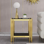 20” Square Glass End Table, 2-Tier Side Table with Black Tempered Glass Top Golden Mirrored Stainless Steel Legs, Modern Luxury Nightstand Bedside Table with Lower Shelf for Living Room